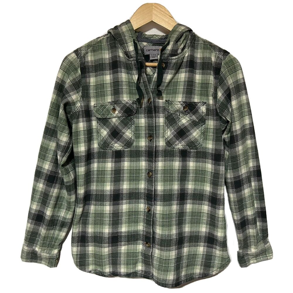 Carhartt Womens Flannel Hoodie Small 4-6 Green/White Plaid Button Up Pockets